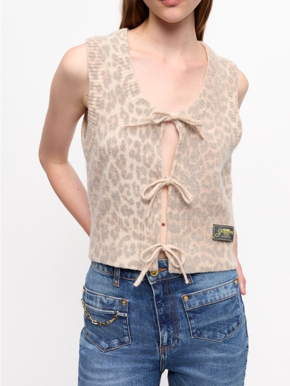 GANNI Leopard Tie Knit Sleeveless Top Vest Wool XS